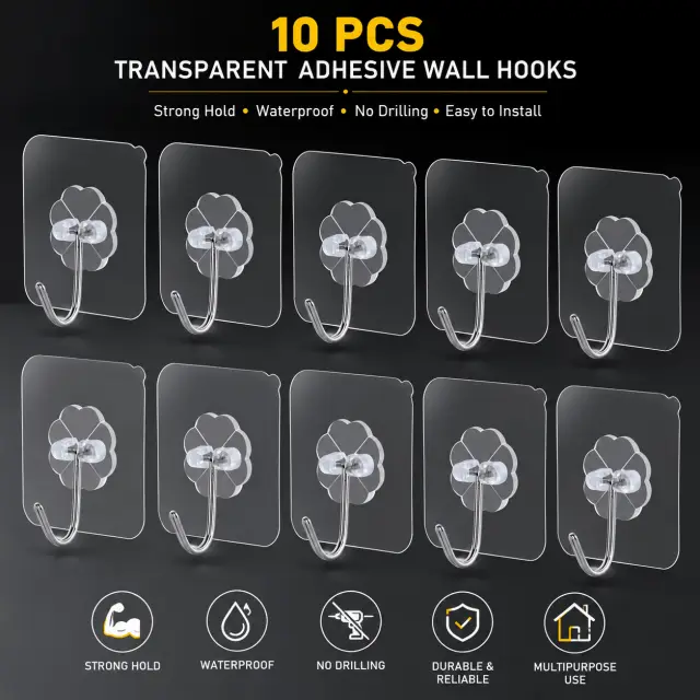 10 Pcs ওয়াল হুক সেট প্রিমিয়াম ট্রান্সপারেন্ট সেল্ফ-অ্যাডহেসিভ /10 PCS Heavy-Duty Transparent Wall Hooks