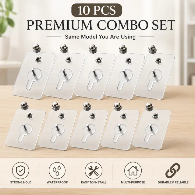 10 Pcs নাট হুক প্রিমিয়াম ট্রান্সপারেন্ট হেভি-ডিউটি অ্যাডহেসিভ / 10 PCS Premium Transparent Heavy-Duty Adhesive Wall Hook Combo Set