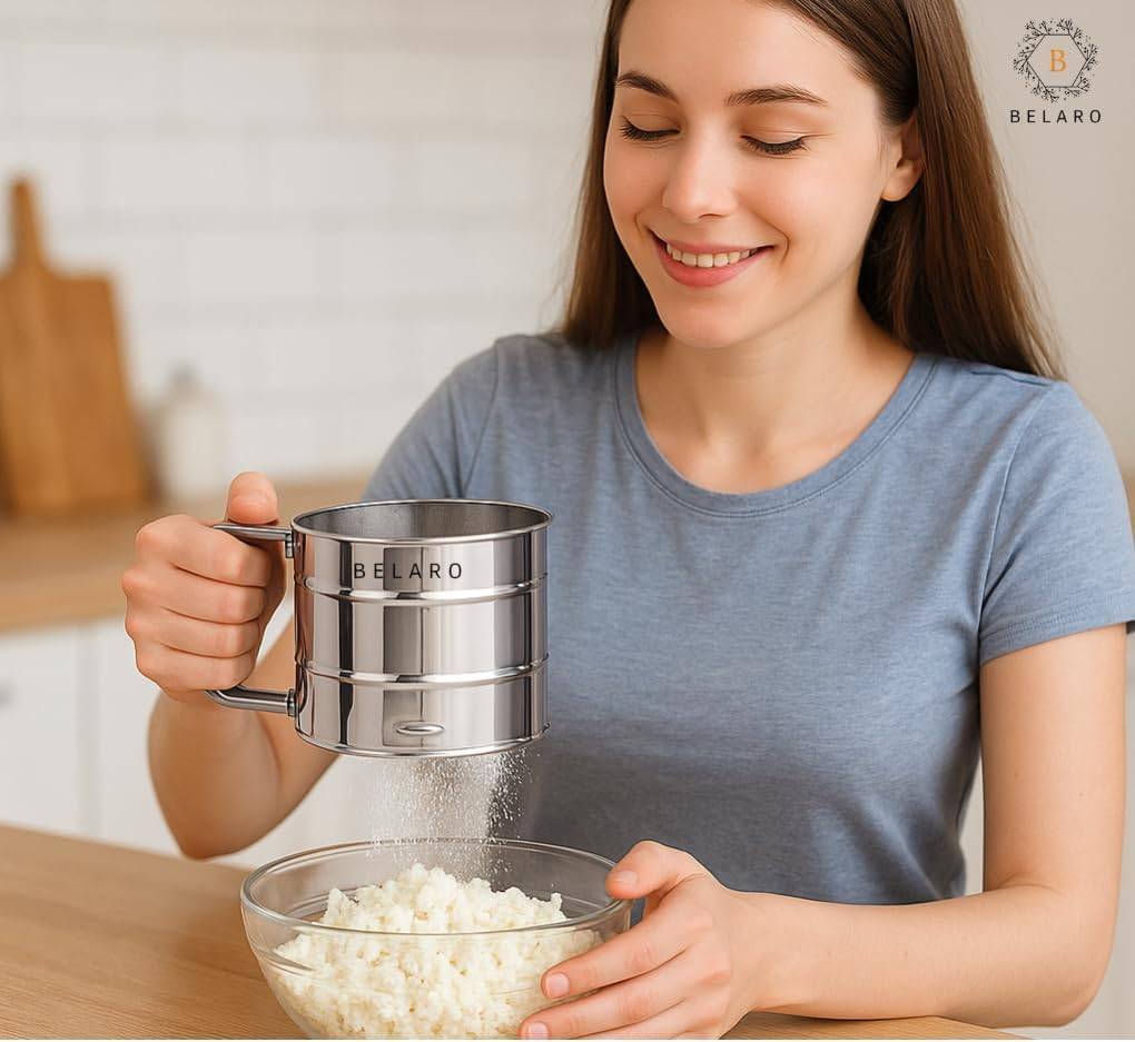 Flour Sifter, Stainless Steel Sifter for Baking, Double Layer Fine Mesh Baking Sifter, One Hand Press Crank Sifter for Powdered Sugar Shaker Duster, Flour Sieve Sifter for Baking Cakes Rondauno 10