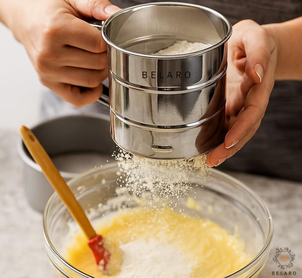 Flour Sifter, Stainless Steel Sifter for Baking, Double Layer Fine Mesh Baking Sifter, One Hand Press Crank Sifter for Powdered Sugar Shaker Duster, Flour Sieve Sifter for Baking Cakes Rondauno 5