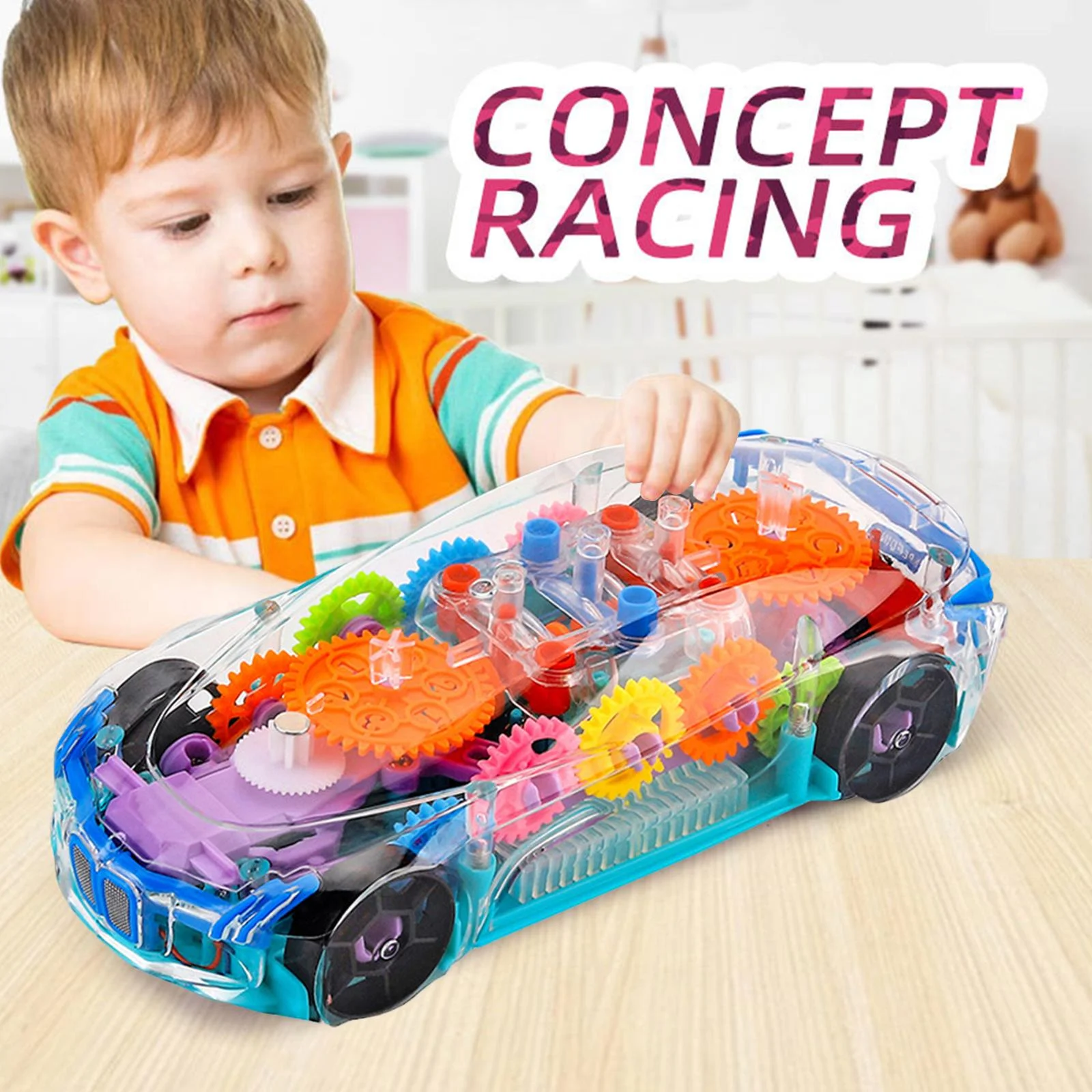 Transparent Car Toy for Kids, Storio 3D Baby Car Toy with 360 Degree Rotation, Gear Simulation Mechanical Car with Sound Music & Light Toys for Kids Boys & Girls 8