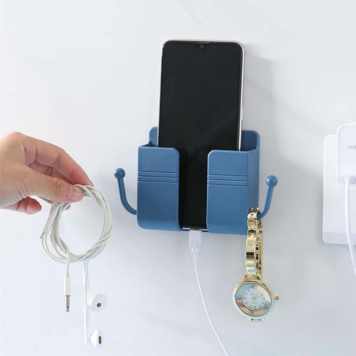 Wall Mount Phone Holder single, Wall Mount Phone Plug Holder Storage Box Charging Cell Phone Stand Brackets For Bedroom Bathroom Study 4