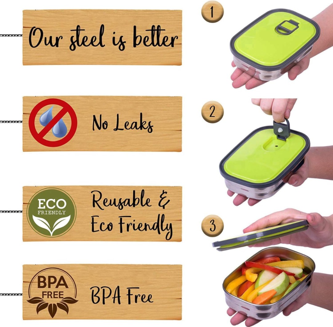 350ml Rectangle Stainless Steel Food Container/Lunch Box 1 pcs,আয়তক্ষেত্রাকার স্টেইনলেস স্টিলের খাবারের পাত্র/লাঞ্চ বক্স ১ পিস 3