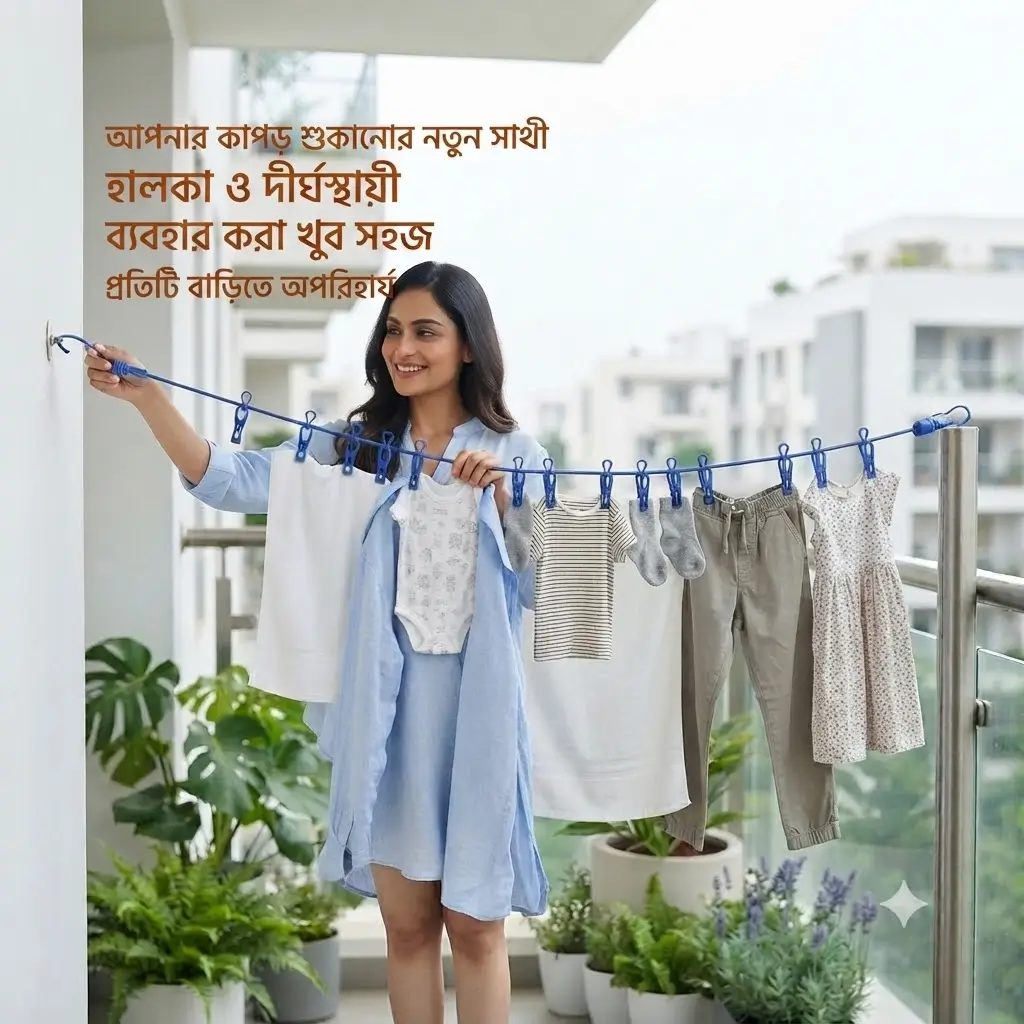 ১২ ক্লিপ স্ট্রেচেবল কাপড় শুকানোর দড়ি / 12 Clip Portable Laundry Rope