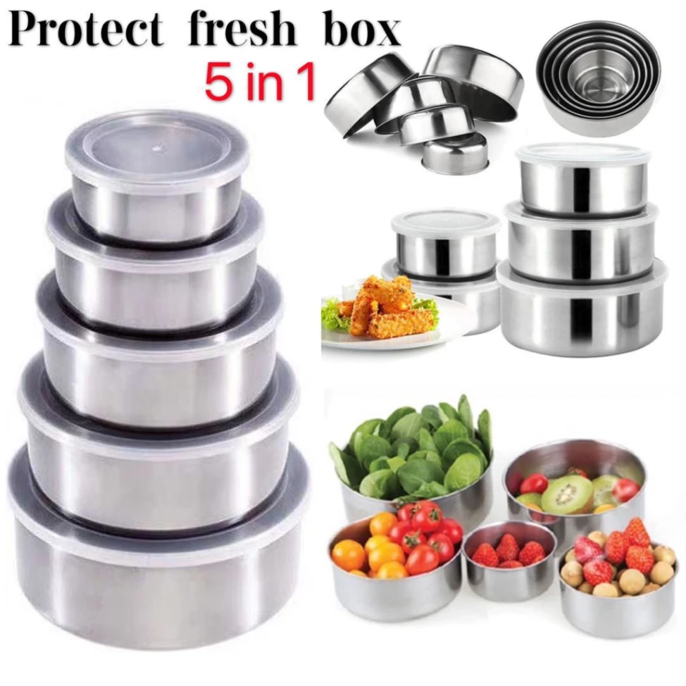 5 piece Bati box ,স্টেইনলেস স্টিলের ঢাকনা সহ খাবারের বক্স ৫ পিস, stainless steel box 5 piece,5pcs box, 1