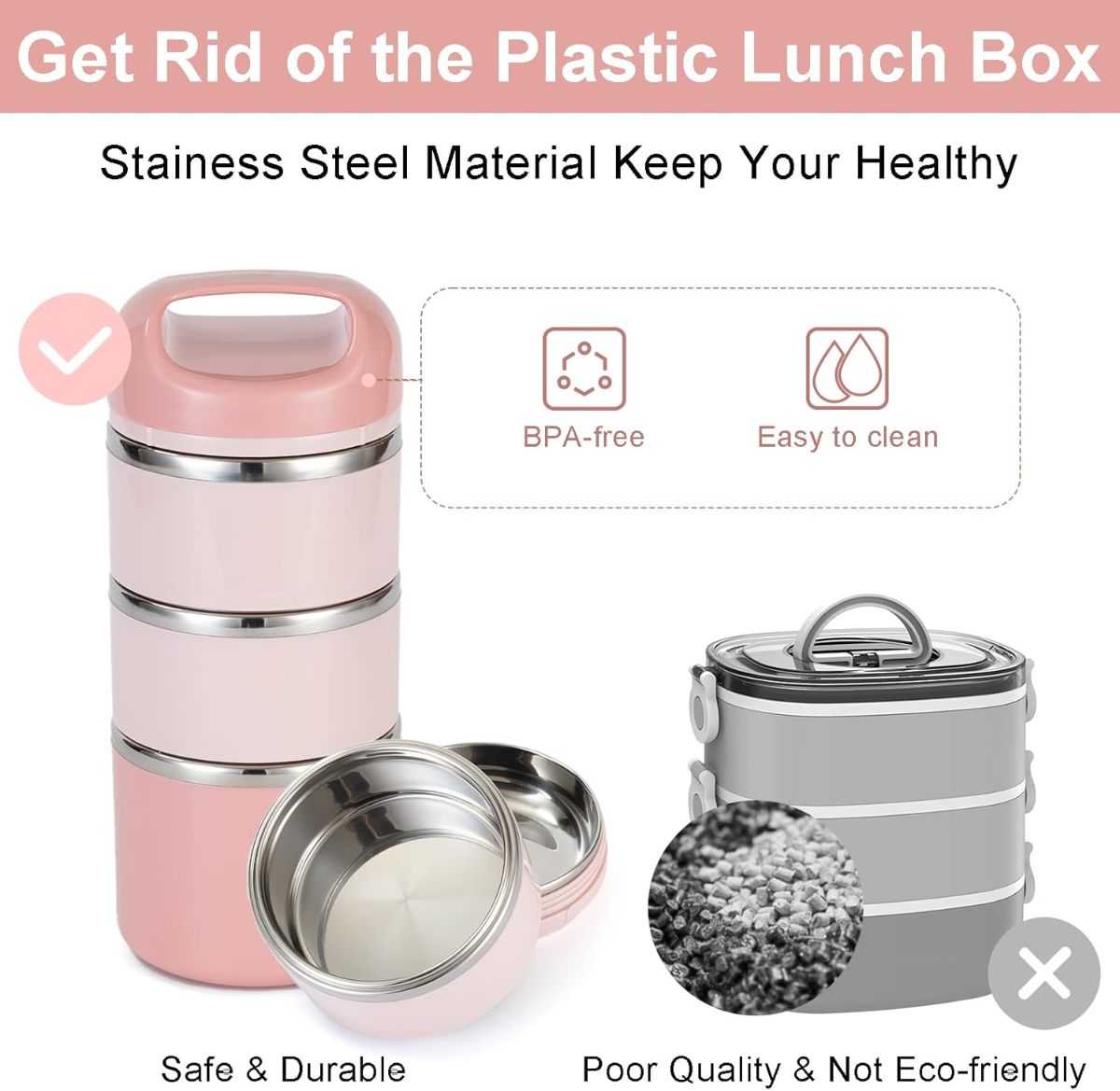 Tedemei 3-Layer Stainless Steel Lunch Box Leak-Proof with Handle and PU Foam Insulation 3