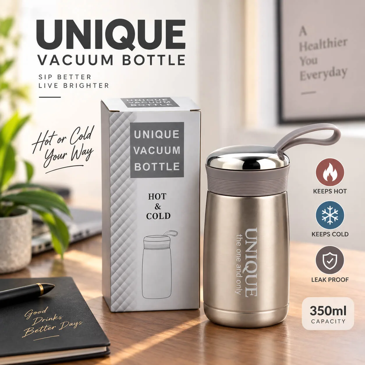 350ml MUnique Vacuum Hot & Cold Insulated Bottle, ৩৫০মিলি ইউনিক ভ্যাকুয়াম হট অ্যান্ড কোল্ড থার্মো বোতল 2