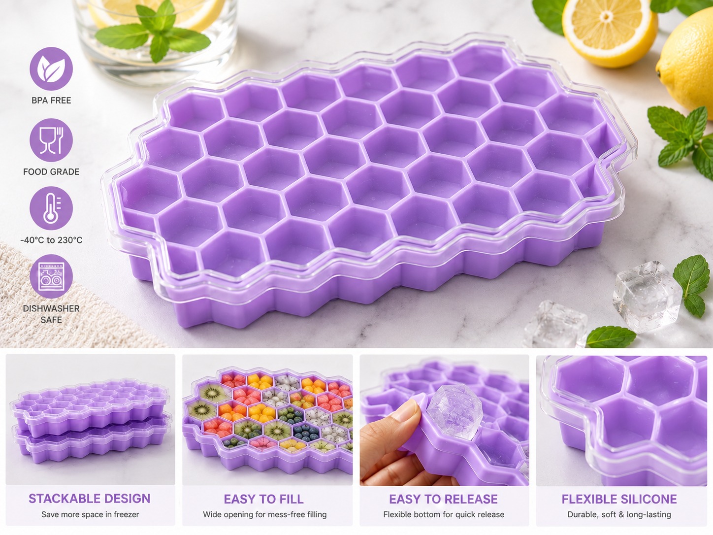 Honeycomb Ice Tray with Lid,সিলিকন হানি-কম্ব আইস ট্রে 4